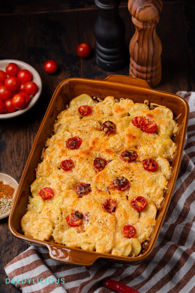 Oranje bruine ovenschaal met daarin de ovenschotel met spitskool, prei en komijn gemaakt door deedylicious. Daar omheen wat tomaatjes en specerijen die in het recept zijn gebruikt. 