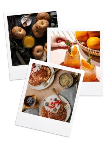 drie polaroids met daarin 3 verschillende afbeeldingen die laten zien wat je kunt leren met de workshop foodfotografie. Een met daarop bagels, een met daarop een cocktail en een met daarop pannenkoeken.