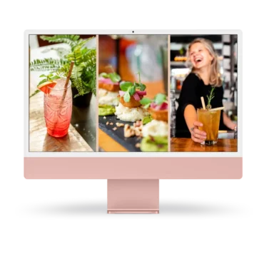 Afbeelding van een iMac met daarin een foto's van een bartender die aan het werk is en een cocktail maakt.