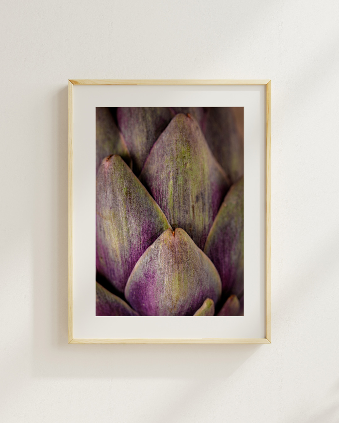 Ingelijste foto Artisjok detail. Met prachtige details van deze prachtige groente. De foto is ingelijst in een blanke houten fotolijst.